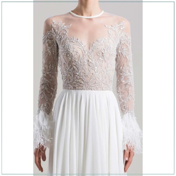 $8,990 Saiid Kobeisy Feathered Crystal Long Sleeve Bridal Runway Gown - Picture 2 of 9